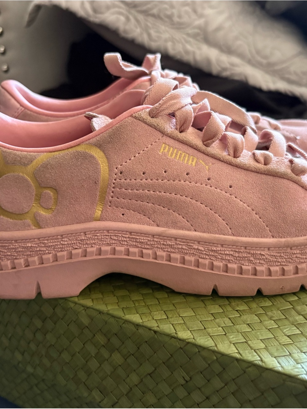 Puma Pink Suede Hello Kitty Platform Sneakers with Gold Accent